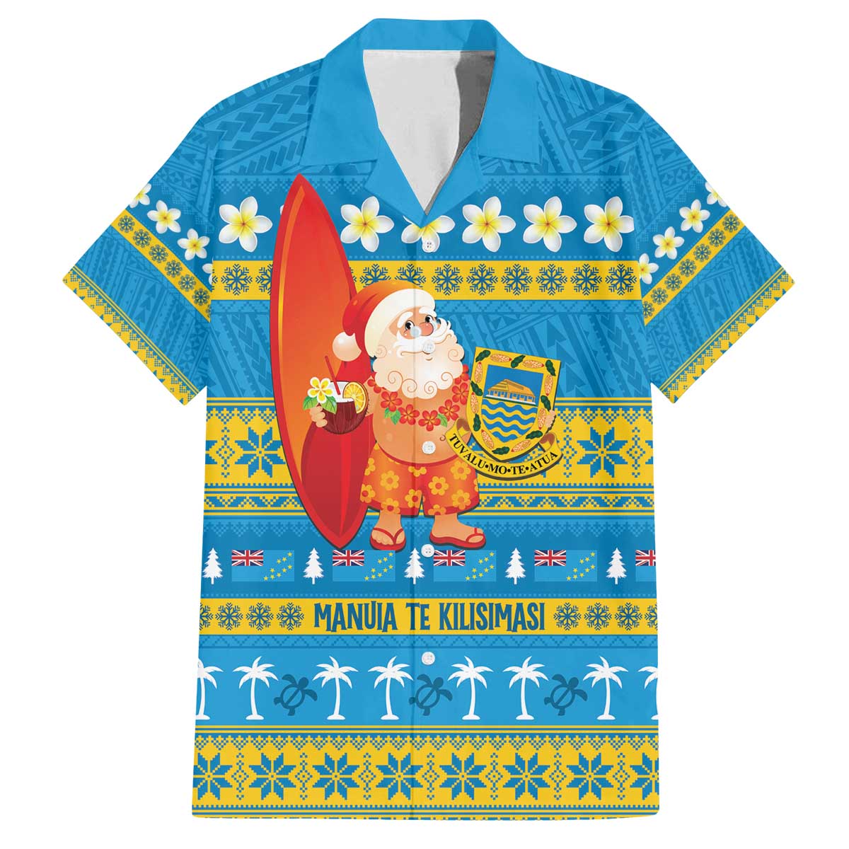 Tuvalu Christmas Family Matching Off The Shoulder Long Sleeve Dress and Hawaiian Shirt Cute Santa Manuia te Kilisimasi LT14 Dad's Shirt - Short Sleeve Blue - Polynesian Pride