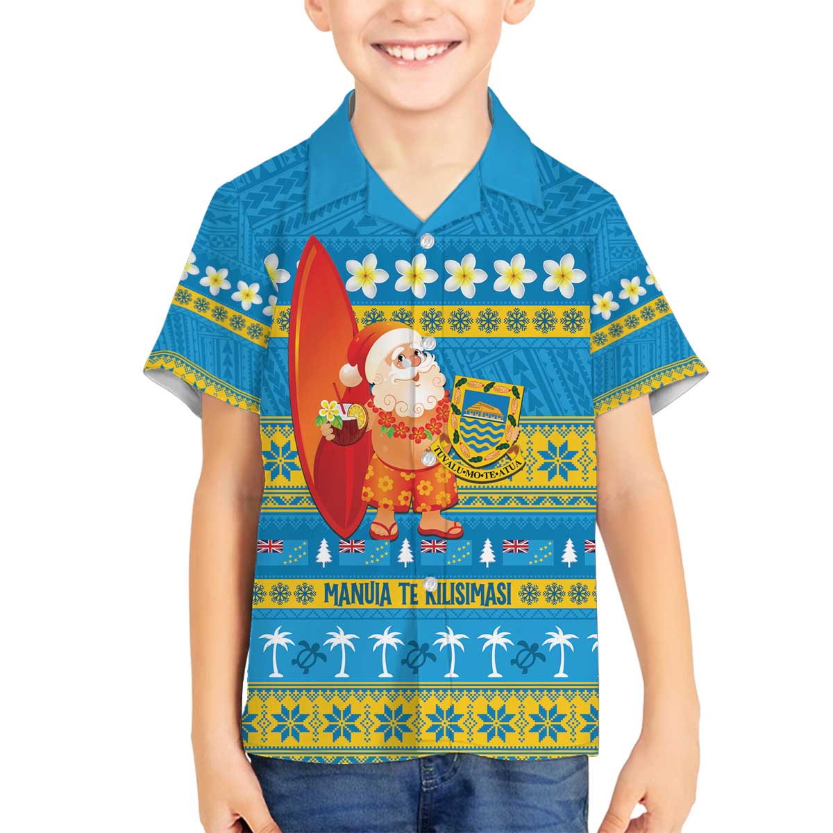 Tuvalu Christmas Family Matching Off The Shoulder Long Sleeve Dress and Hawaiian Shirt Cute Santa Manuia te Kilisimasi LT14 Son's Shirt Blue - Polynesian Pride