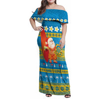 Tuvalu Christmas Family Matching Off Shoulder Maxi Dress and Hawaiian Shirt Cute Santa Manuia te Kilisimasi LT14 Mom's Dress Blue - Polynesian Pride