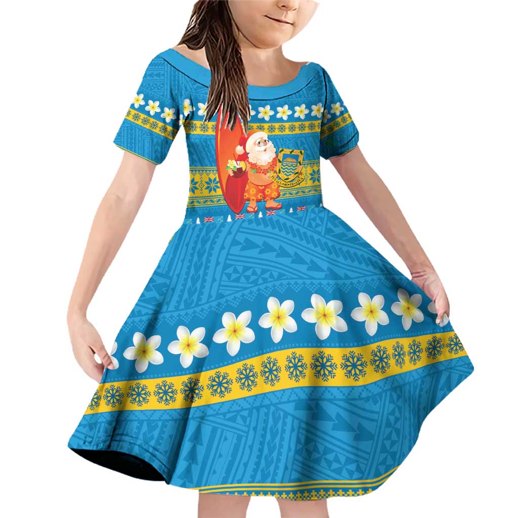 Tuvalu Christmas Family Matching Off Shoulder Short Dress and Hawaiian Shirt Cute Santa Manuia te Kilisimasi LT14 Daughter's Dress Blue - Polynesian Pride