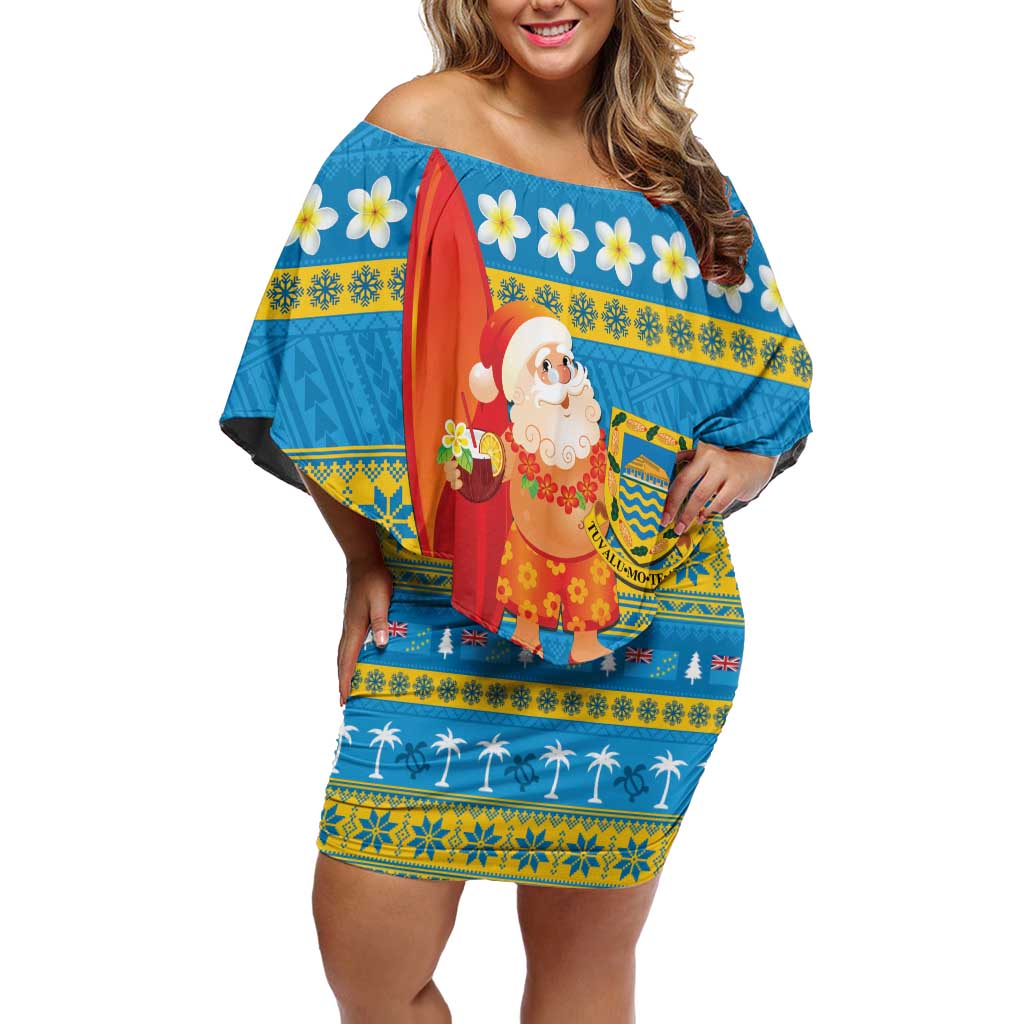 Tuvalu Christmas Family Matching Off Shoulder Short Dress and Hawaiian Shirt Cute Santa Manuia te Kilisimasi LT14 Mom's Dress Blue - Polynesian Pride
