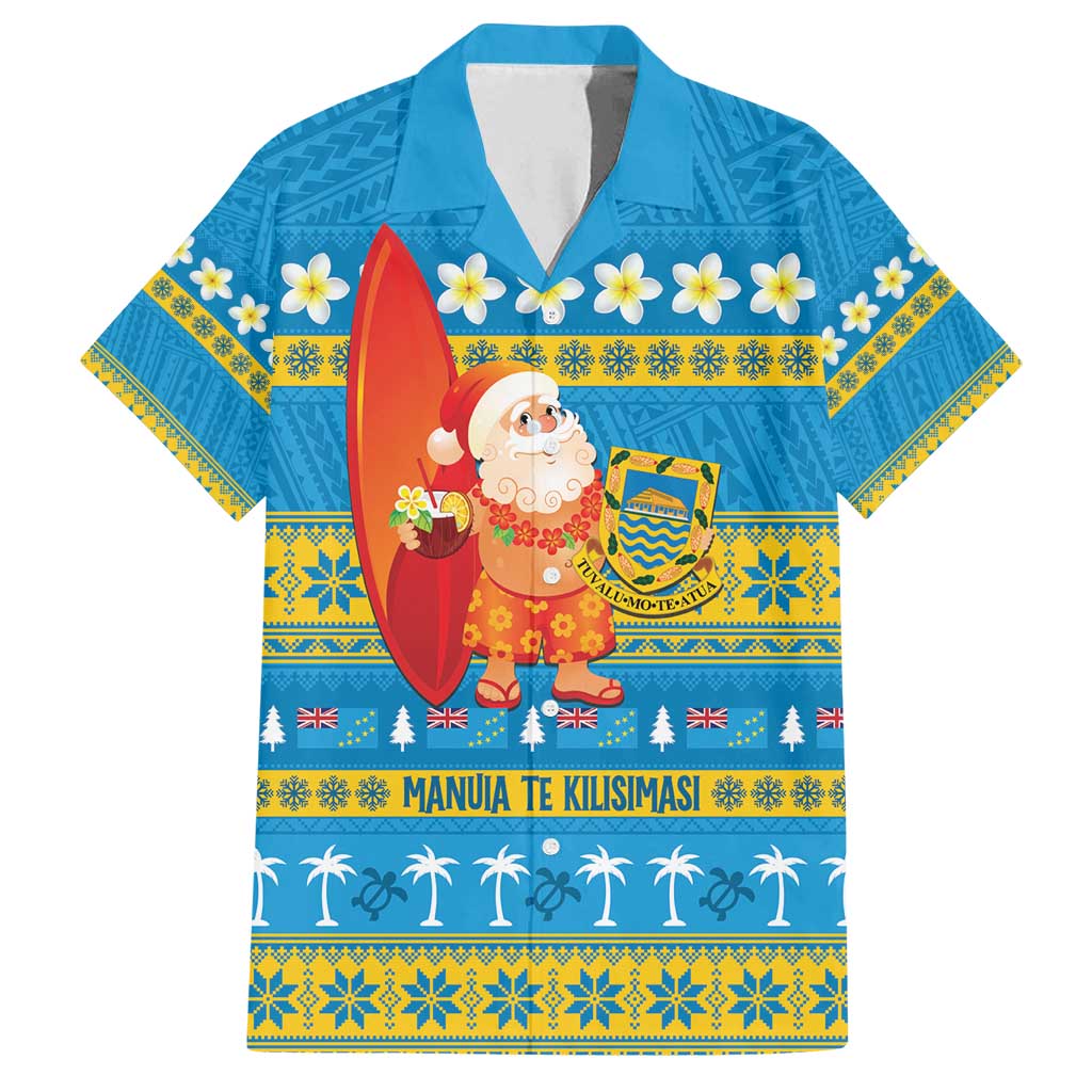 Tuvalu Christmas Family Matching Puletasi and Hawaiian Shirt Cute Santa Manuia te Kilisimasi LT14 Dad's Shirt - Short Sleeve Blue - Polynesian Pride