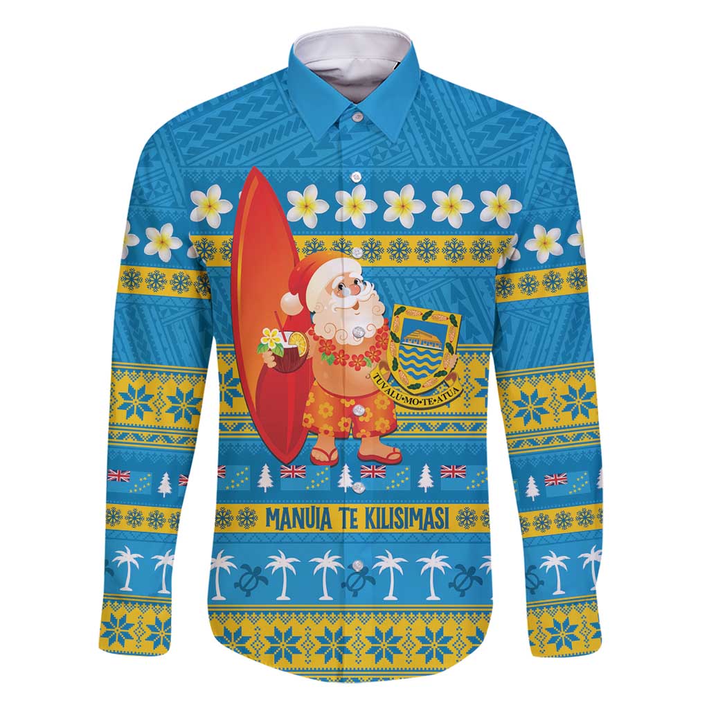 Tuvalu Christmas Family Matching Summer Maxi Dress and Hawaiian Shirt Cute Santa Manuia te Kilisimasi LT14 Dad's Shirt - Long Sleeve Blue - Polynesian Pride