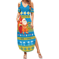 Tuvalu Christmas Family Matching Summer Maxi Dress and Hawaiian Shirt Cute Santa Manuia te Kilisimasi LT14 Mom's Dress Blue - Polynesian Pride