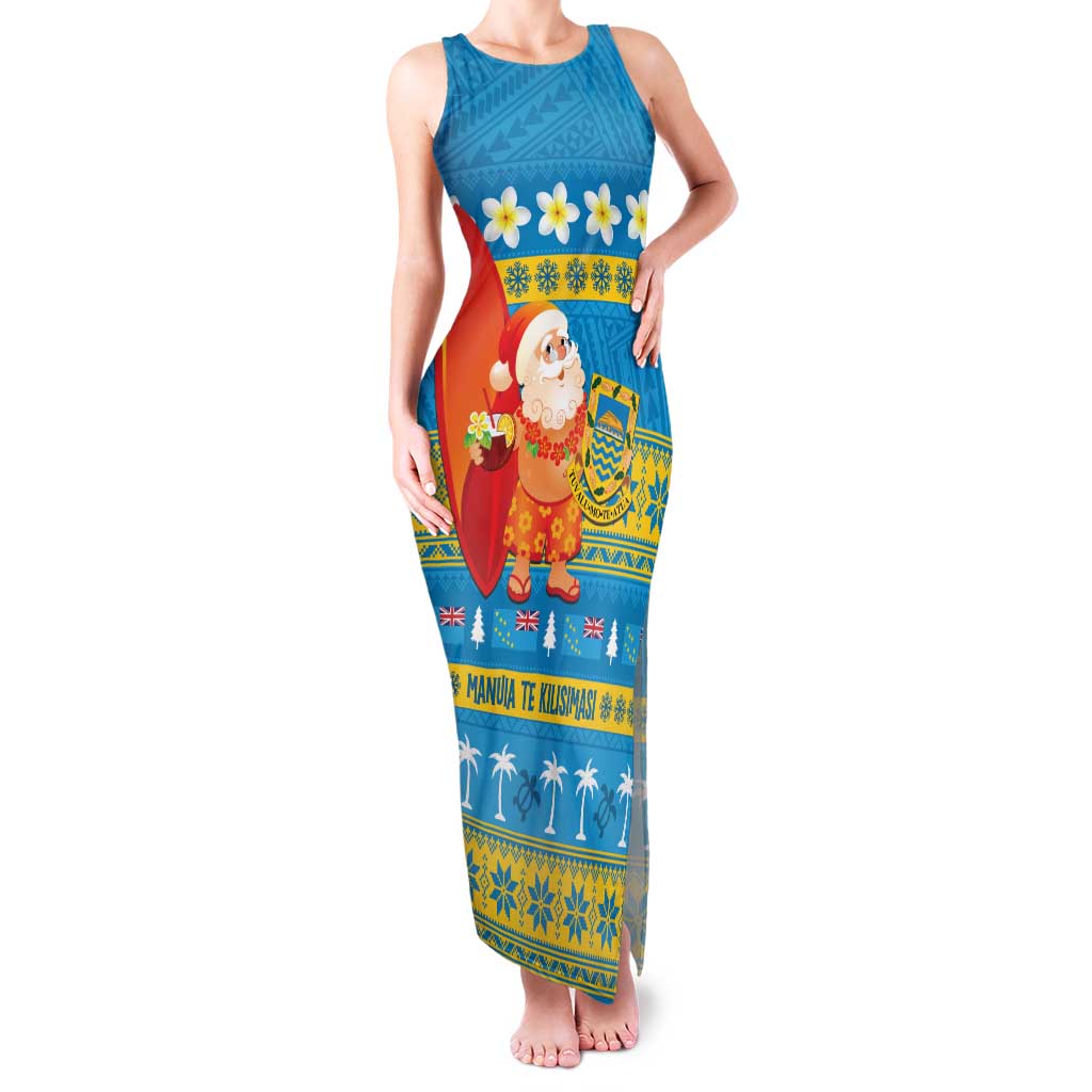 Tuvalu Christmas Family Matching Tank Maxi Dress and Hawaiian Shirt Cute Santa Manuia te Kilisimasi LT14 Mom's Dress Blue - Polynesian Pride