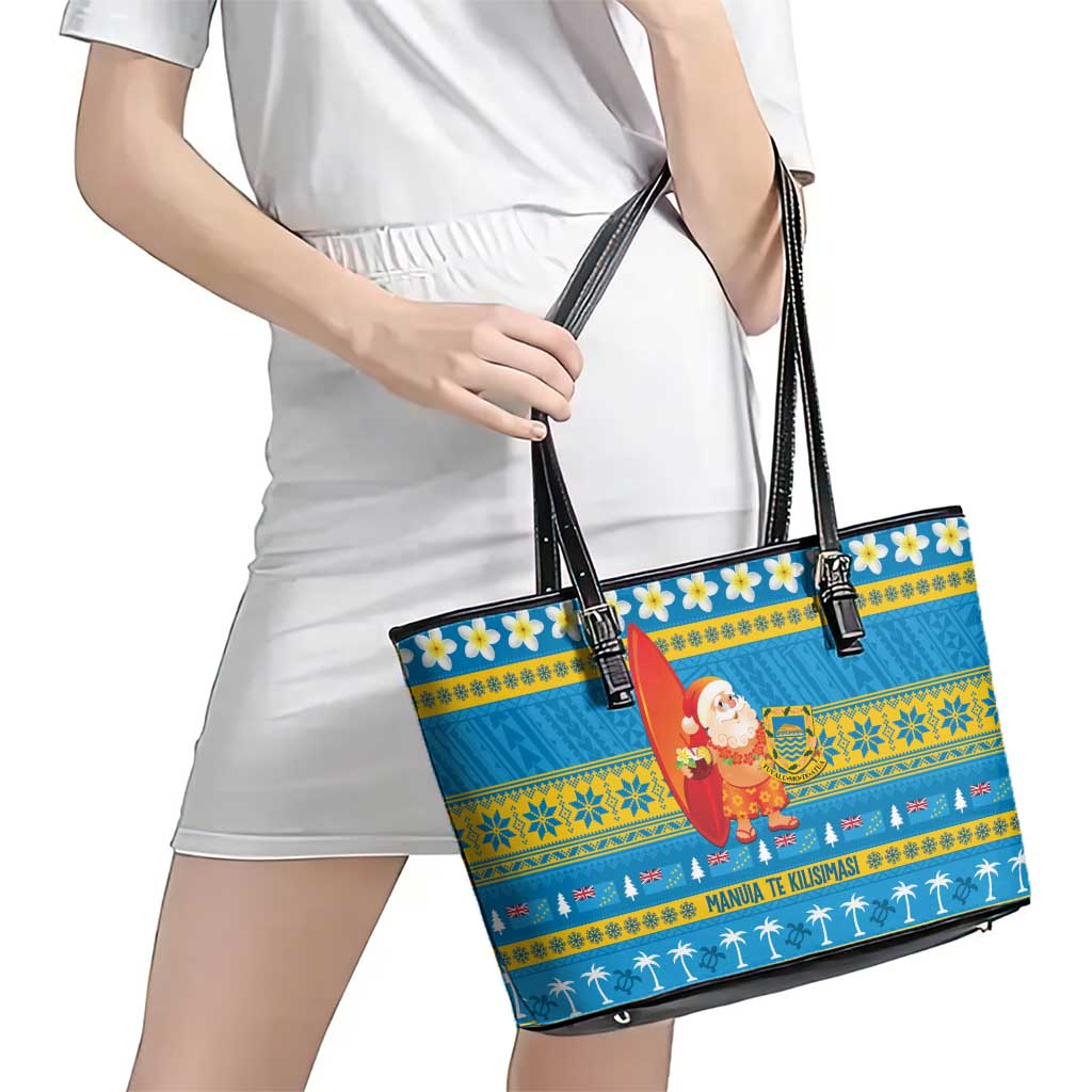 Tuvalu Christmas Leather Tote Bag Cute Santa Manuia te Kilisimasi - Polynesian Pride