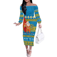 Tuvalu Christmas Off The Shoulder Long Sleeve Dress Cute Santa Manuia te Kilisimasi LT14 Women Blue - Polynesian Pride