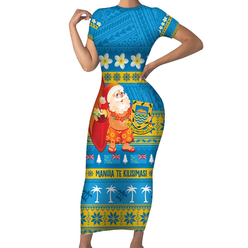 Tuvalu Christmas Short Sleeve Bodycon Dress Cute Santa Manuia te Kilisimasi LT14 Long Dress Blue - Polynesian Pride