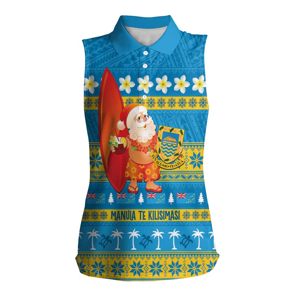 Tuvalu Christmas Women Sleeveless Polo Shirt Cute Santa Manuia te Kilisimasi LT14 Female Blue - Polynesian Pride