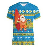 Tuvalu Christmas Women V-Neck T-Shirt Cute Santa Manuia te Kilisimasi LT14 Female Blue - Polynesian Pride
