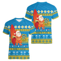 Tuvalu Christmas Women V-Neck T-Shirt Cute Santa Manuia te Kilisimasi LT14 - Polynesian Pride