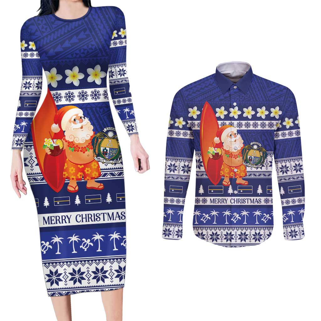 Nauru Christmas Couples Matching Long Sleeve Bodycon Dress and Long Sleeve Button Shirt Cute Santa Coat Of Arms Merry Xmas LT14 Navy Blue - Polynesian Pride