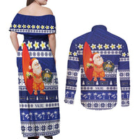 Nauru Christmas Couples Matching Off Shoulder Maxi Dress and Long Sleeve Button Shirt Cute Santa Coat Of Arms Merry Xmas LT14 - Polynesian Pride