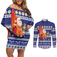 Nauru Christmas Couples Matching Off Shoulder Short Dress and Long Sleeve Button Shirt Cute Santa Coat Of Arms Merry Xmas LT14 Navy Blue - Polynesian Pride