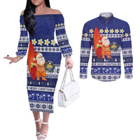 Nauru Christmas Couples Matching Off The Shoulder Long Sleeve Dress and Long Sleeve Button Shirt Cute Santa Coat Of Arms Merry Xmas LT14 Navy Blue - Polynesian Pride