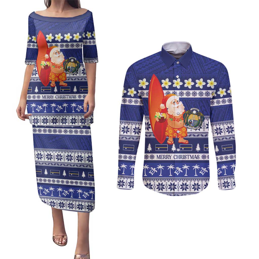 Nauru Christmas Couples Matching Puletasi and Long Sleeve Button Shirt Cute Santa Coat Of Arms Merry Xmas LT14 Navy Blue - Polynesian Pride