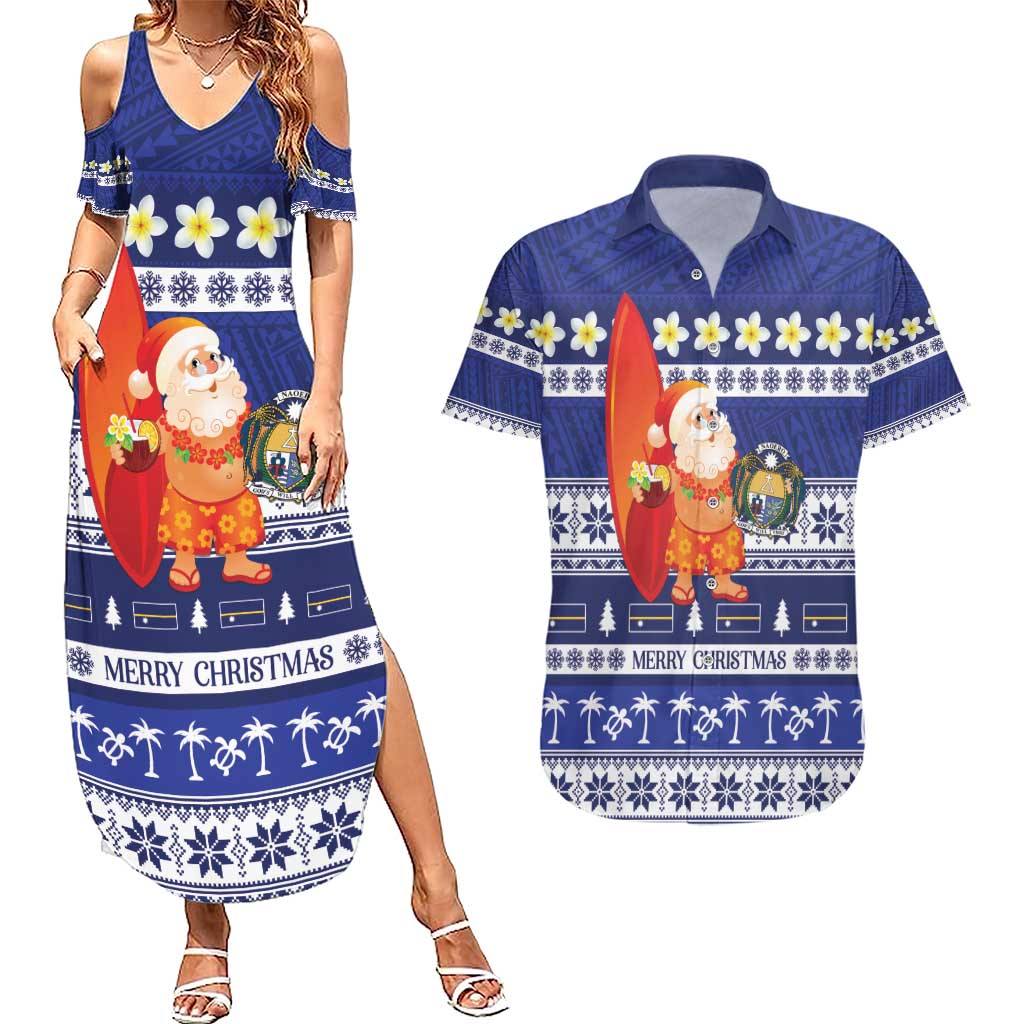 Nauru Christmas Couples Matching Summer Maxi Dress and Hawaiian Shirt Cute Santa Coat Of Arms Merry Xmas LT14 Navy Blue - Polynesian Pride