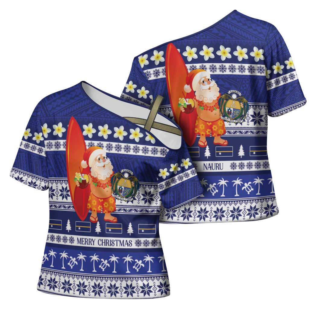 Nauru Christmas Cross Shoulder Shirt Cute Santa Coat Of Arms Merry Xmas LT14 - Polynesian Pride