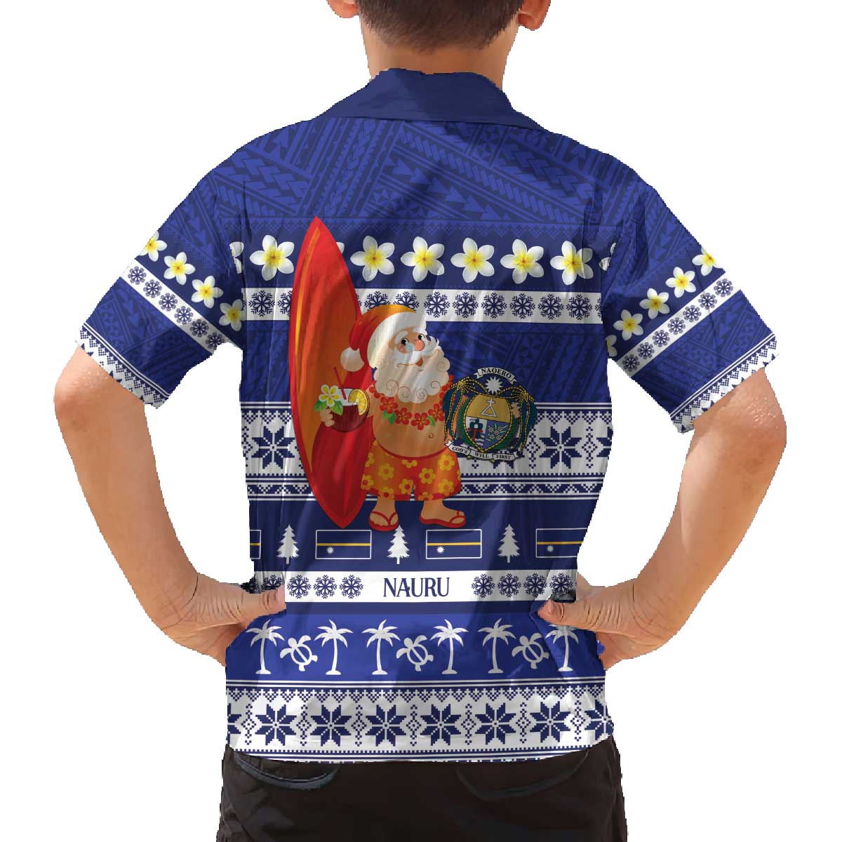 Nauru Christmas Family Matching Off The Shoulder Long Sleeve Dress and Hawaiian Shirt Cute Santa Coat Of Arms Merry Xmas LT14 - Polynesian Pride