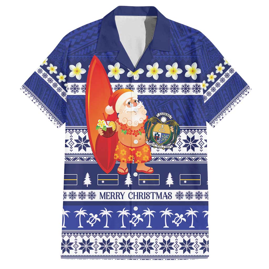 Nauru Christmas Family Matching Off Shoulder Maxi Dress and Hawaiian Shirt Cute Santa Coat Of Arms Merry Xmas LT14 Dad's Shirt - Short Sleeve Navy Blue - Polynesian Pride