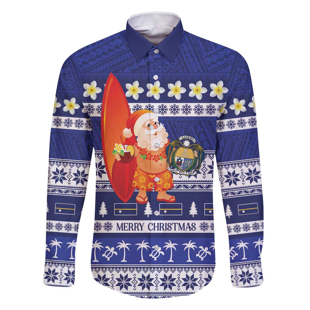 Nauru Christmas Family Matching Off Shoulder Maxi Dress and Hawaiian Shirt Cute Santa Coat Of Arms Merry Xmas LT14 Dad's Shirt - Long Sleeve Navy Blue - Polynesian Pride