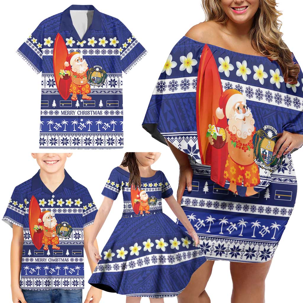 Nauru Christmas Family Matching Off Shoulder Short Dress and Hawaiian Shirt Cute Santa Coat Of Arms Merry Xmas LT14 - Polynesian Pride