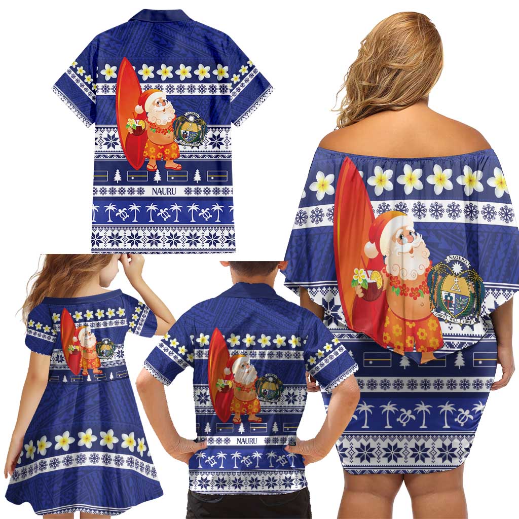 Nauru Christmas Family Matching Off Shoulder Short Dress and Hawaiian Shirt Cute Santa Coat Of Arms Merry Xmas LT14 - Polynesian Pride