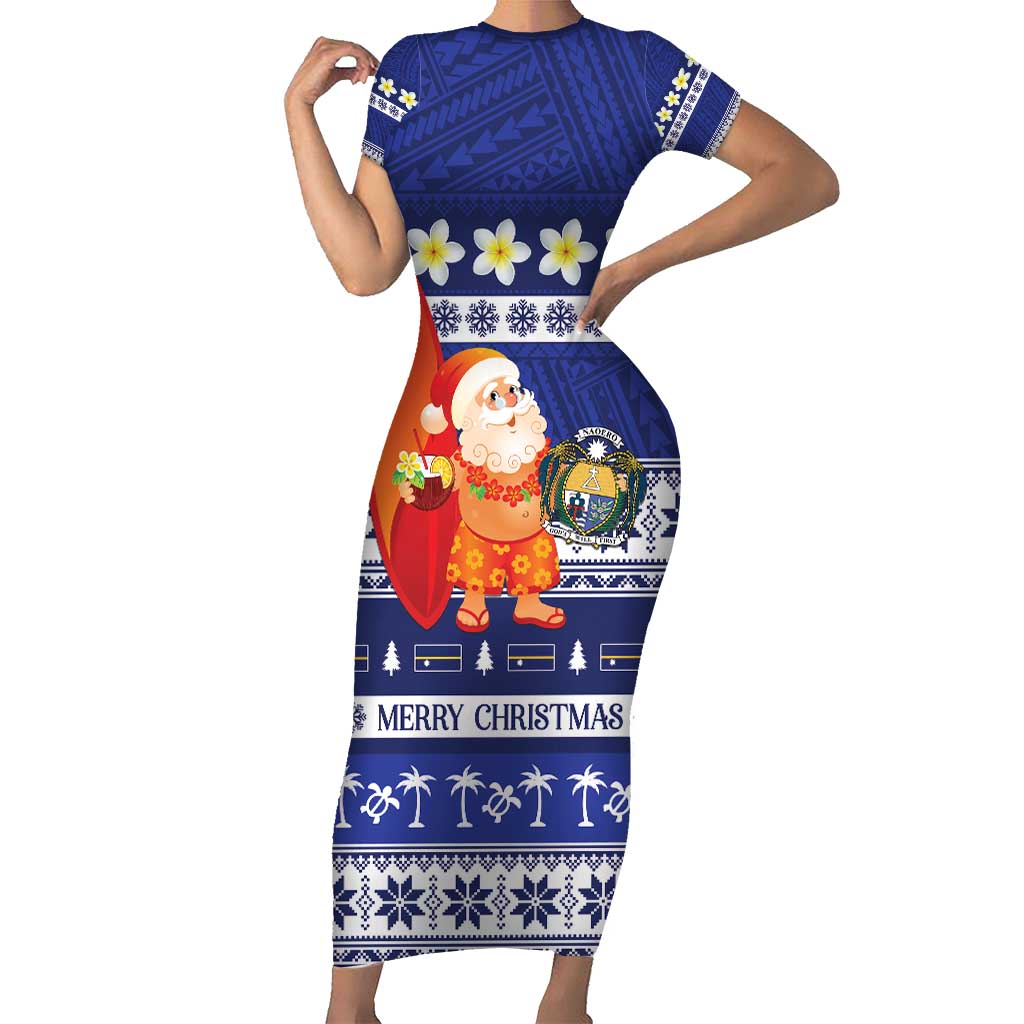 Nauru Christmas Family Matching Short Sleeve Bodycon Dress and Hawaiian Shirt Cute Santa Coat Of Arms Merry Xmas LT14 Mom's Dress Navy Blue - Polynesian Pride