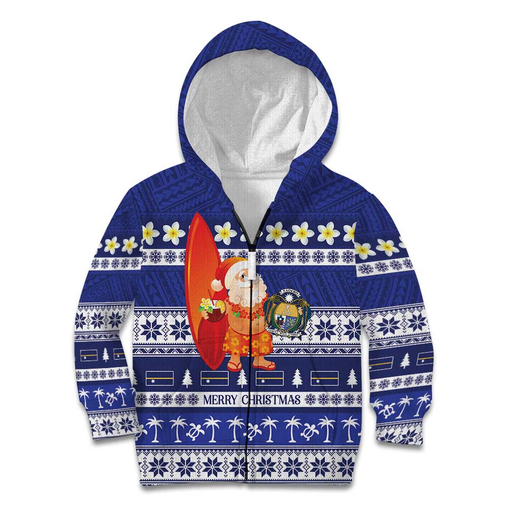 Nauru Christmas Kid Hoodie Cute Santa Coat Of Arms Merry Xmas LT14 Zip Hoodie Navy Blue - Polynesian Pride