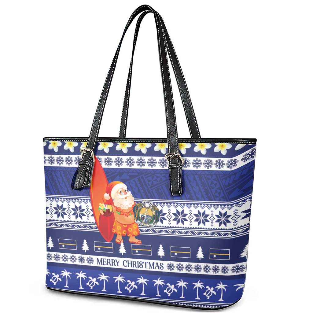 Nauru Christmas Leather Tote Bag Cute Santa Coat Of Arms Merry Xmas LT14 - Polynesian Pride