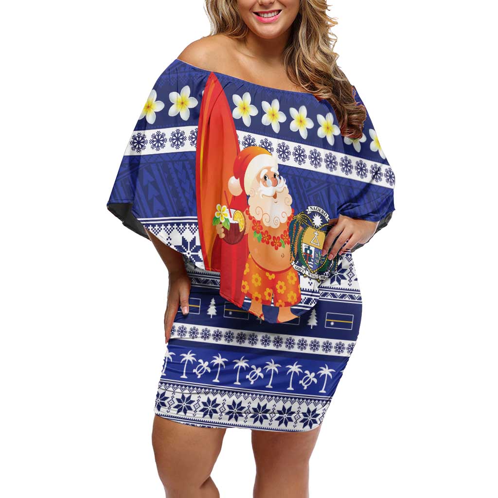 Nauru Christmas Off Shoulder Short Dress Cute Santa Coat Of Arms Merry Xmas LT14 Women Navy Blue - Polynesian Pride