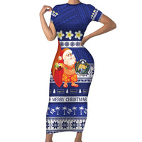 Nauru Christmas Short Sleeve Bodycon Dress Cute Santa Coat Of Arms Merry Xmas LT14 Long Dress Navy Blue - Polynesian Pride