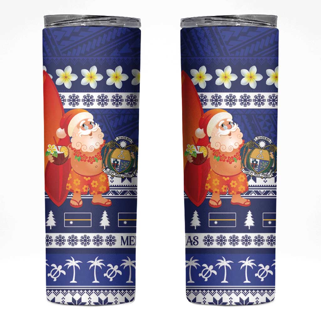 Nauru Christmas Skinny Tumbler Cute Santa Coat Of Arms Merry Xmas LT14 Navy Blue - Polynesian Pride