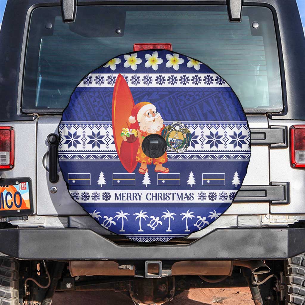 Nauru Christmas Spare Tire Cover Cute Santa Coat Of Arms Merry Xmas LT14 Navy Blue - Polynesian Pride