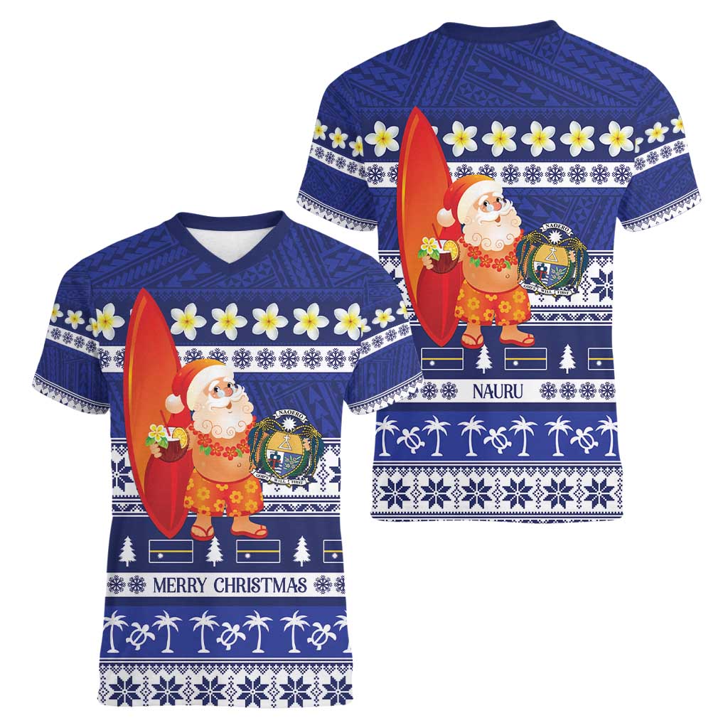 Nauru Christmas Women V-Neck T-Shirt Cute Santa Coat Of Arms Merry Xmas LT14 - Polynesian Pride