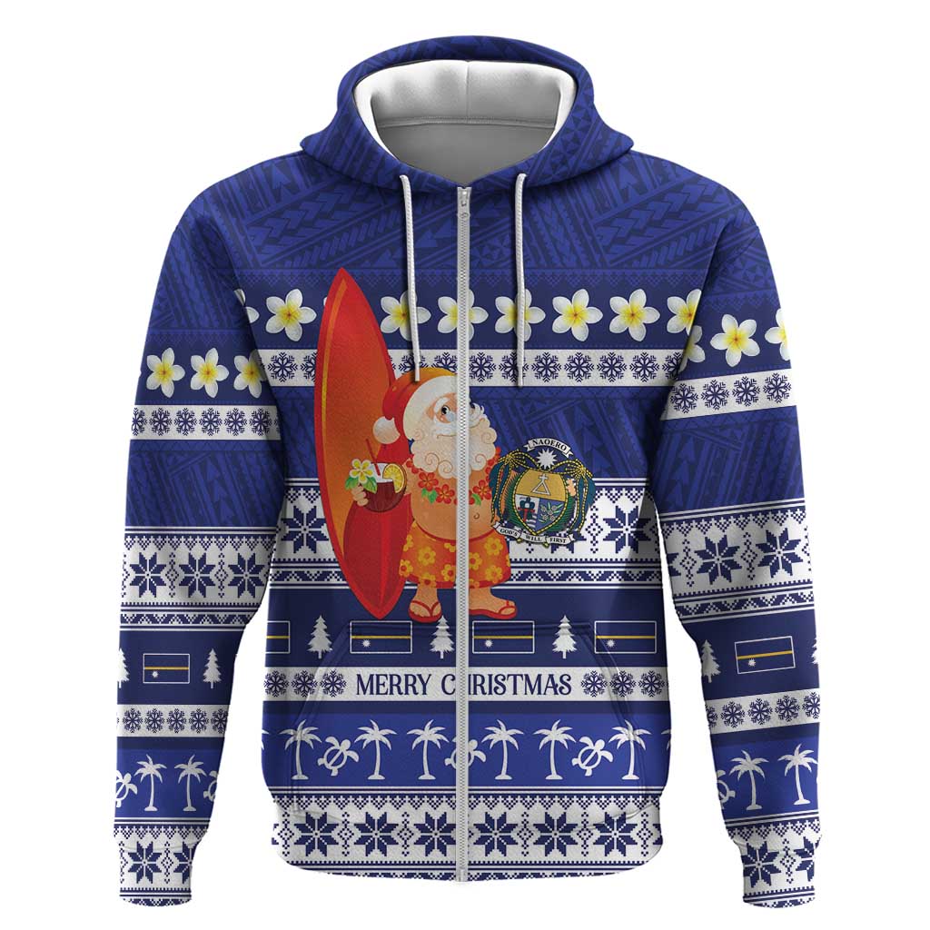 Nauru Christmas Zip Hoodie Cute Santa Coat Of Arms Merry Xmas LT14 Zip Hoodie Navy Blue - Polynesian Pride