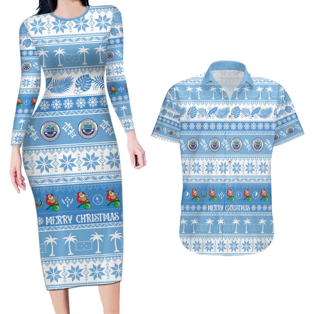 FSM Christmas Couples Matching Long Sleeve Bodycon Dress and Hawaiian Shirt Merry Xmas Federated States of Micronesia LT14 Blue - Polynesian Pride