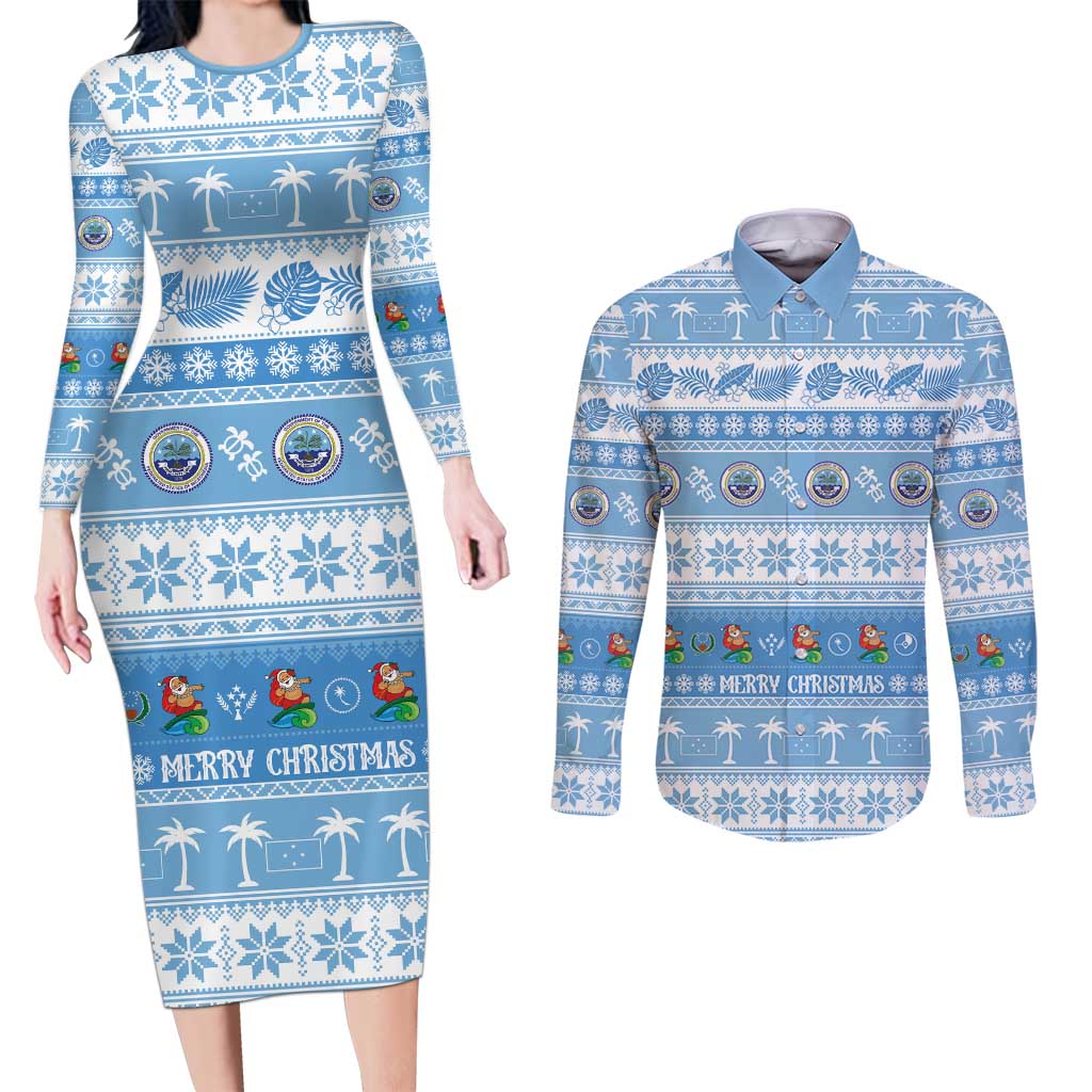 FSM Christmas Couples Matching Long Sleeve Bodycon Dress and Long Sleeve Button Shirt Merry Xmas Federated States of Micronesia LT14 Blue - Polynesian Pride