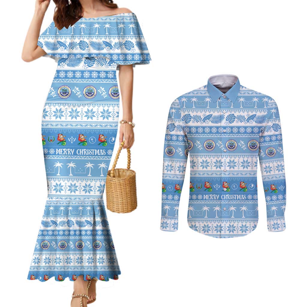 FSM Christmas Couples Matching Mermaid Dress and Long Sleeve Button Shirt Merry Xmas Federated States of Micronesia - Polynesian Pride