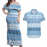 FSM Christmas Couples Matching Off Shoulder Maxi Dress and Hawaiian Shirt Merry Xmas Federated States of Micronesia LT14 Blue - Polynesian Pride