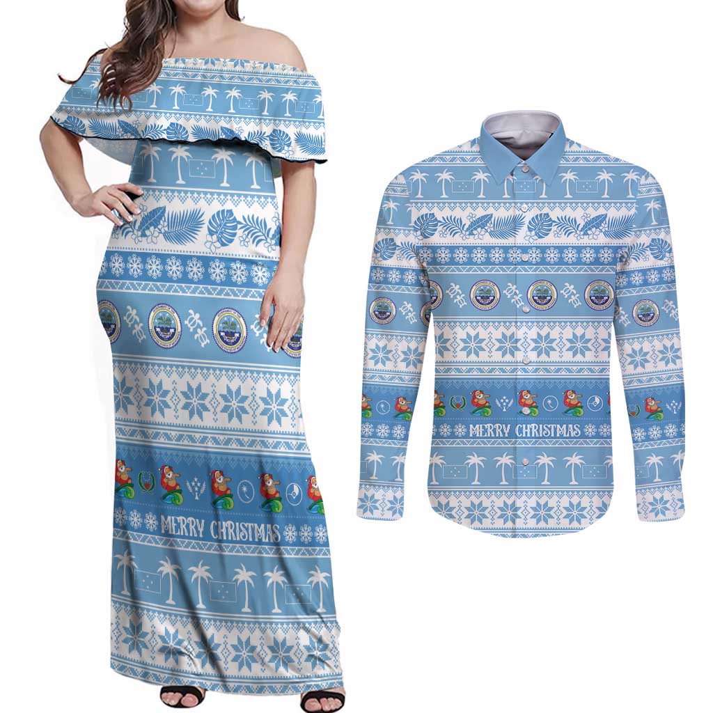 FSM Christmas Couples Matching Off Shoulder Maxi Dress and Long Sleeve Button Shirt Merry Xmas Federated States of Micronesia LT14 Blue - Polynesian Pride