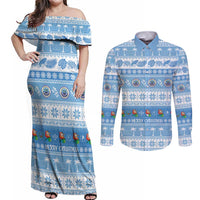 FSM Christmas Couples Matching Off Shoulder Maxi Dress and Long Sleeve Button Shirt Merry Xmas Federated States of Micronesia LT14 Blue - Polynesian Pride