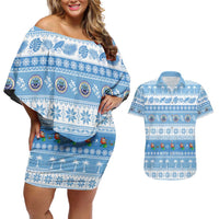 FSM Christmas Couples Matching Off Shoulder Short Dress and Hawaiian Shirt Merry Xmas Federated States of Micronesia LT14 Blue - Polynesian Pride