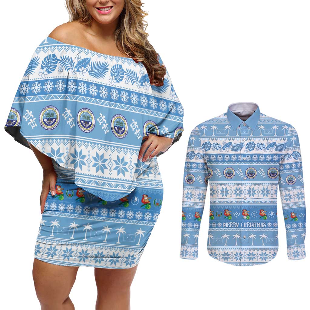 FSM Christmas Couples Matching Off Shoulder Short Dress and Long Sleeve Button Shirt Merry Xmas Federated States of Micronesia LT14 Blue - Polynesian Pride