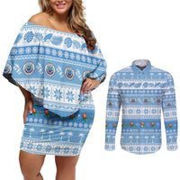 FSM Christmas Couples Matching Off Shoulder Short Dress and Long Sleeve Button Shirt Merry Xmas Federated States of Micronesia LT14 Blue - Polynesian Pride