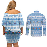 FSM Christmas Couples Matching Off Shoulder Short Dress and Long Sleeve Button Shirt Merry Xmas Federated States of Micronesia LT14 - Polynesian Pride