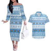 FSM Christmas Couples Matching Off The Shoulder Long Sleeve Dress and Hawaiian Shirt Merry Xmas Federated States of Micronesia LT14 Blue - Polynesian Pride