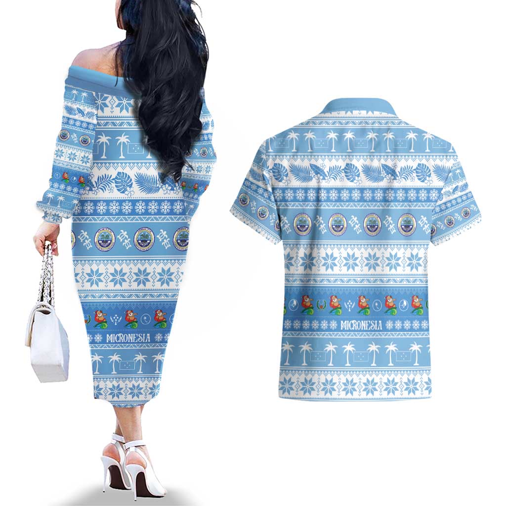 FSM Christmas Couples Matching Off The Shoulder Long Sleeve Dress and Hawaiian Shirt Merry Xmas Federated States of Micronesia LT14 - Polynesian Pride