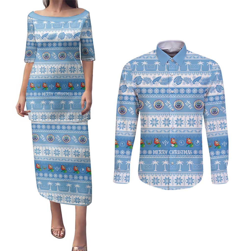 FSM Christmas Couples Matching Puletasi and Long Sleeve Button Shirt Merry Xmas Federated States of Micronesia LT14 Blue - Polynesian Pride