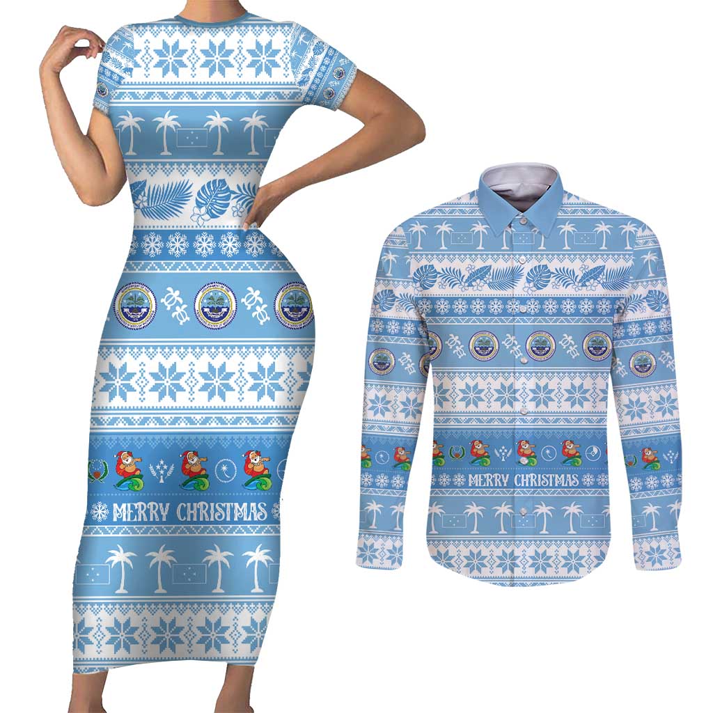 FSM Christmas Couples Matching Short Sleeve Bodycon Dress and Long Sleeve Button Shirt Merry Xmas Federated States of Micronesia LT14 Blue - Polynesian Pride